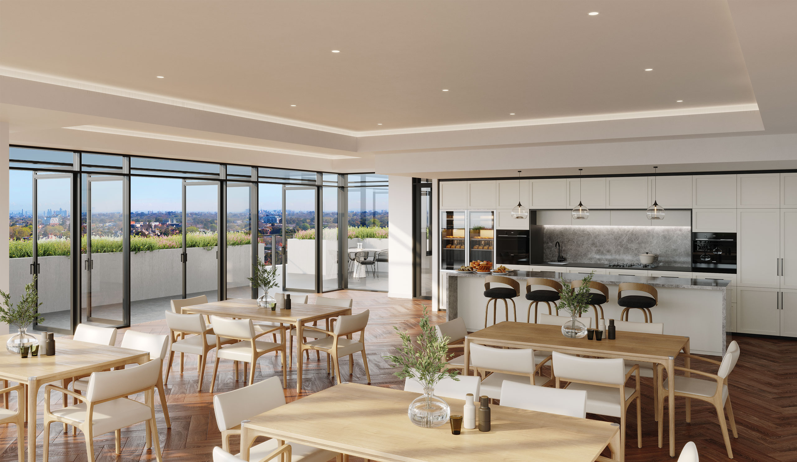 The community kitchen and function space opens onto the terrace - artist impression