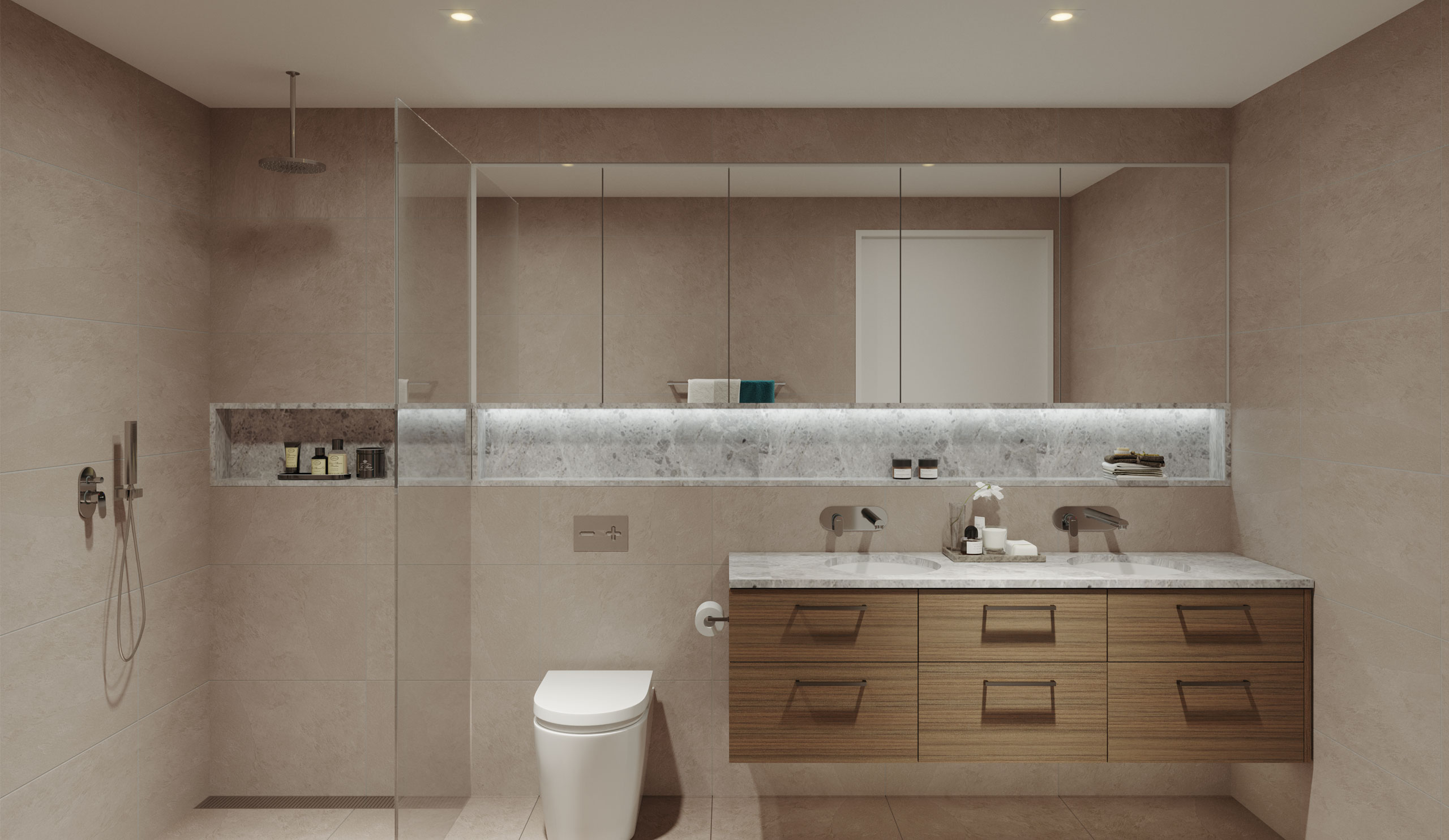 Clean lines and elegant details in the bathrooms <br> (shown in dark scheme) - artist impression
