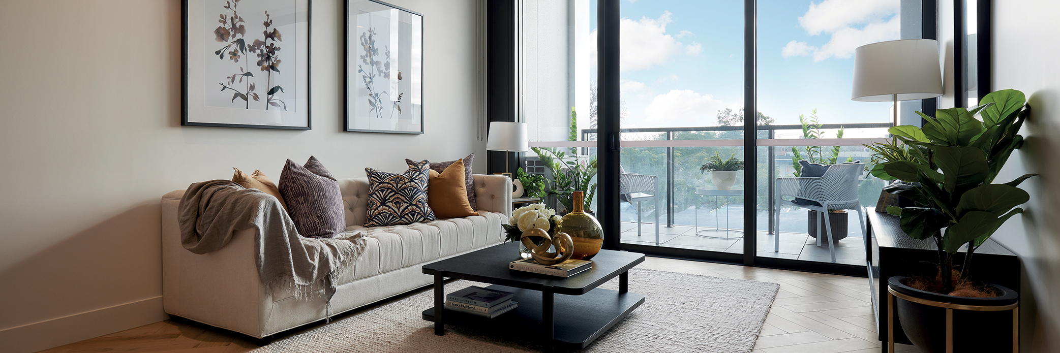 Hyson Apartments at Calvary Kooyong - living and balcony in light scheme